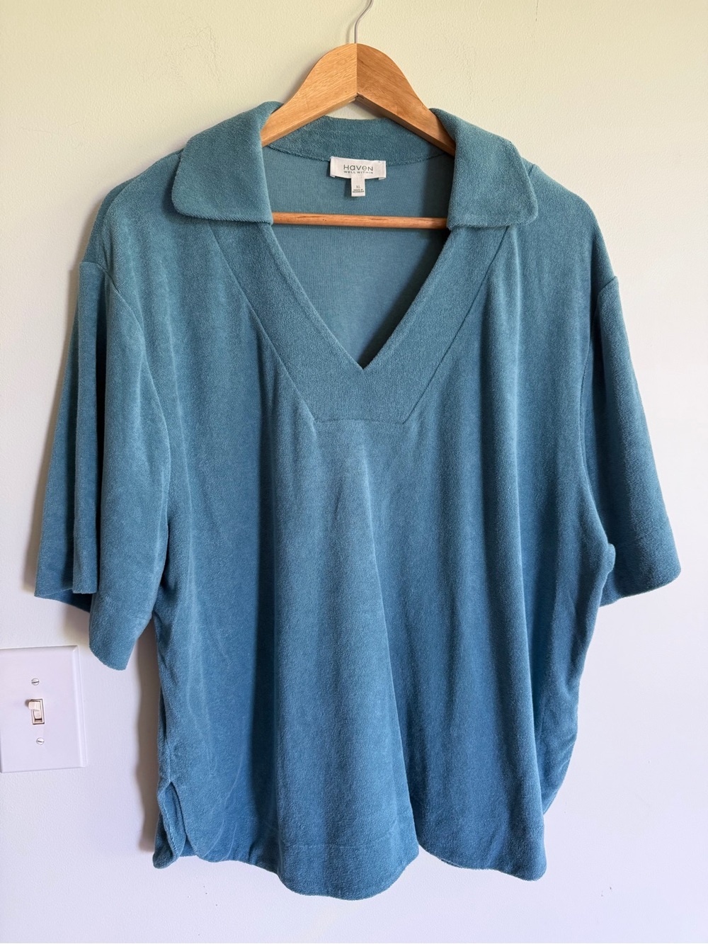 Haven Well Within Terrycloth Teal V-Neck Collared Pullover Summer Basic Pool